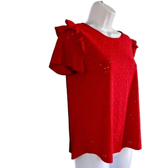 Ava James Red Short Sleeve Eyelet Top Ruffle Sleeves Women's Medium NEW - Picture 5 of 9